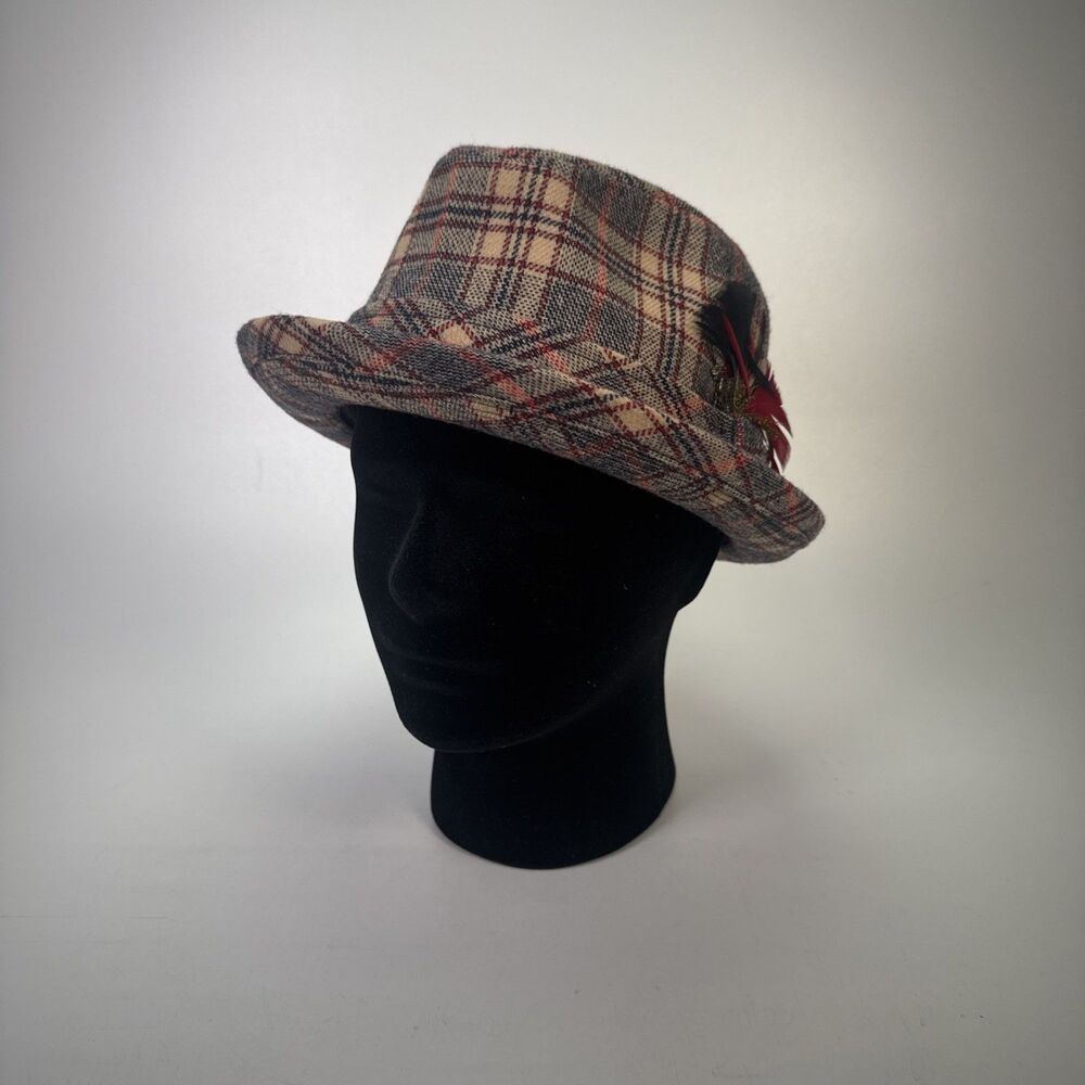 Vintage Pendleton Fedora Hat Brown Tan Plaid Feather Virgin Wool Men's 7 1/8"